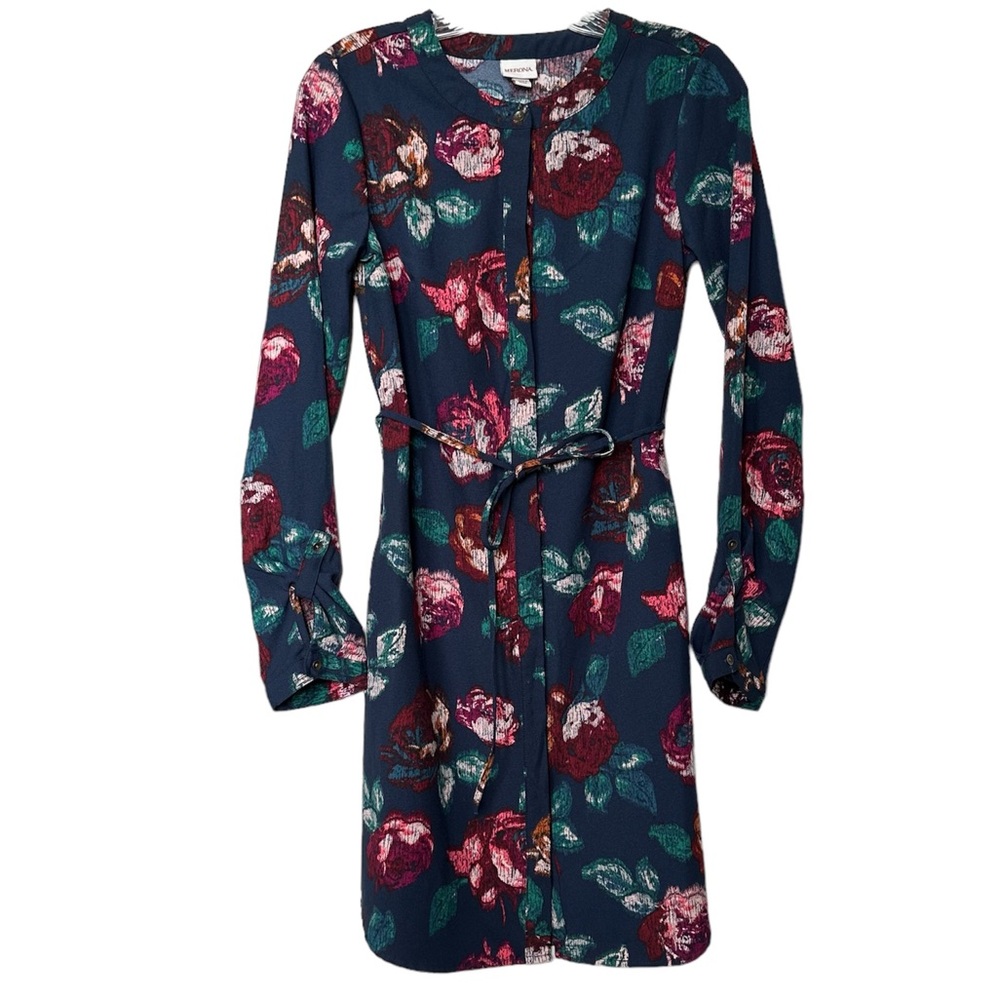 Merona Navy Blue Floral Dress Womens XS Long‎ Sleeve Tie Front Casual Boho